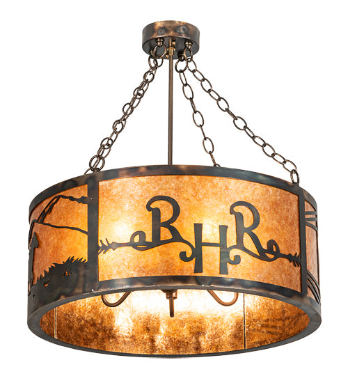 Meyda Lighting Ridin Hy Personalized 24" 5-Light Dark Burnished Antique Copper Semi-flush Mount Light With Amber Mica Shade Glass