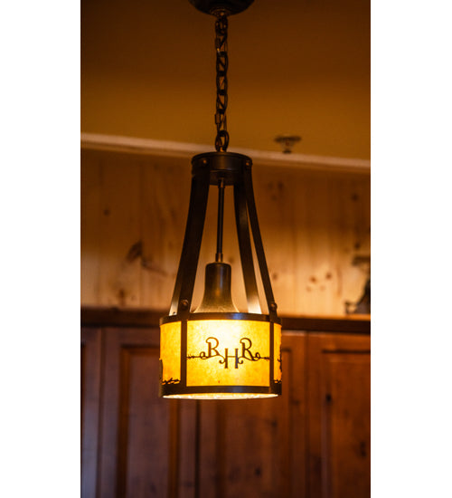 Meyda Lighting Ridin Hy Personalized 8" Dark Burnished Antique Copper Pendant Light With Amber Mica Shade Glass
