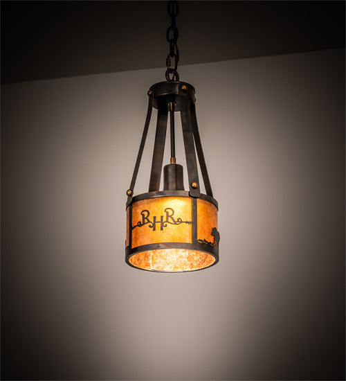 Meyda Lighting Ridin Hy Personalized 8" Dark Burnished Antique Copper Pendant Light With Amber Mica Shade Glass