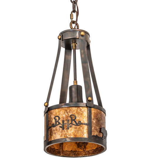 Meyda Lighting Ridin Hy Personalized 8" Dark Burnished Antique Copper Pendant Light With Amber Mica Shade Glass