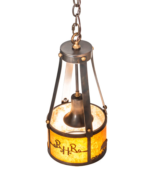 Meyda Lighting Ridin Hy Personalized 8" Dark Burnished Antique Copper Pendant Light With Amber Mica Shade Glass