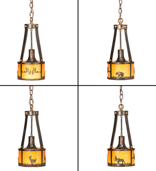 Meyda Lighting Ridin Hy Personalized 8" Dark Burnished Antique Copper Pendant Light With Amber Mica Shade Glass