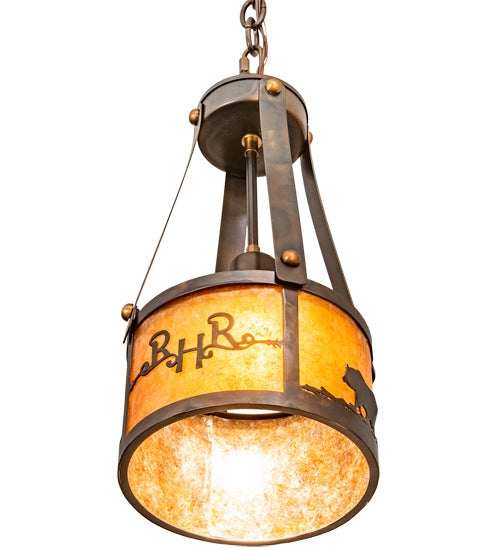 Meyda Lighting Ridin Hy Personalized 8" Dark Burnished Antique Copper Pendant Light With Amber Mica Shade Glass