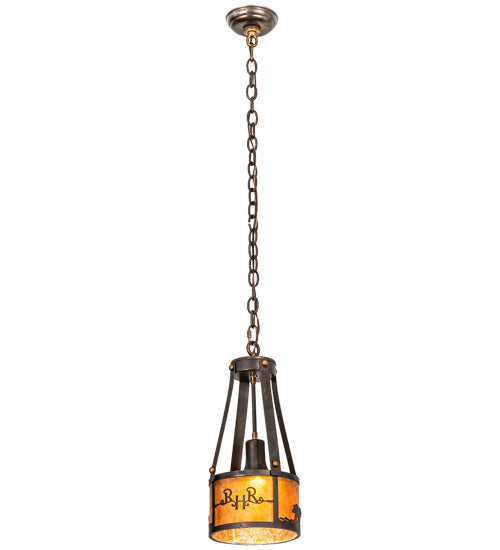 Meyda Lighting Ridin Hy Personalized 8" Dark Burnished Antique Copper Pendant Light With Amber Mica Shade Glass