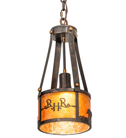 Meyda Lighting Ridin Hy Personalized 8" Dark Burnished Antique Copper Pendant Light With Amber Mica Shade Glass