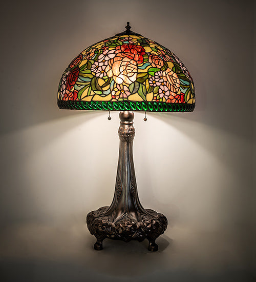 Meyda Lighting Romance Rose 31" 3-Light Mahogany Bronze Table Lamp With Multi-Colored Stained Shade Glass