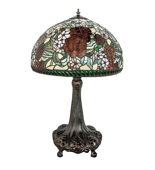 Meyda Lighting Romance Rose 31" 3-Light Mahogany Bronze Table Lamp With Multi-Colored Stained Shade Glass