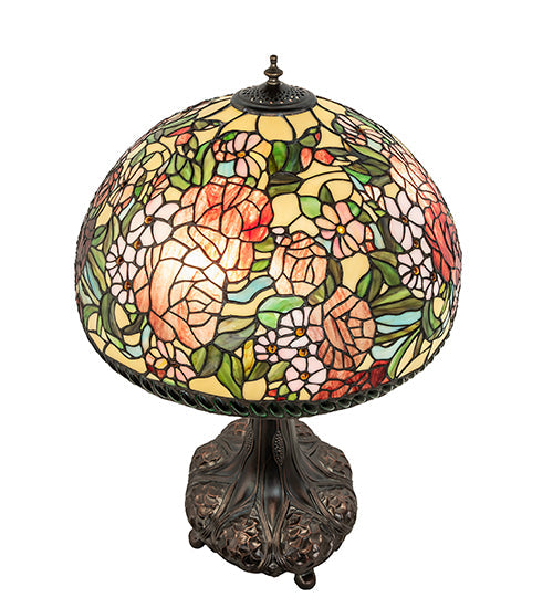 Meyda Lighting Romance Rose 31" 3-Light Mahogany Bronze Table Lamp With Multi-Colored Stained Shade Glass