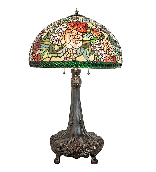 Meyda Lighting Romance Rose 31" 3-Light Mahogany Bronze Table Lamp With Multi-Colored Stained Shade Glass