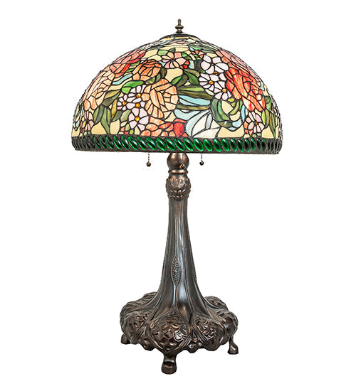 Meyda Lighting Romance Rose 31" 3-Light Mahogany Bronze Table Lamp With Multi-Colored Stained Shade Glass