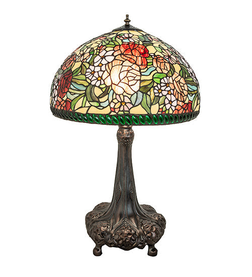 Meyda Lighting Romance Rose 31" 3-Light Mahogany Bronze Table Lamp With Multi-Colored Stained Shade Glass