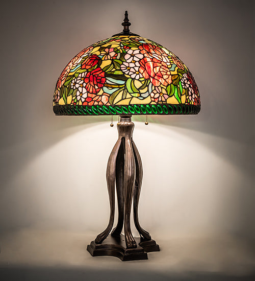Meyda Lighting Romance Rose 33" 3-Light Mahogany Bronze Table Lamp With Multi-Colored Stained Shade Glass