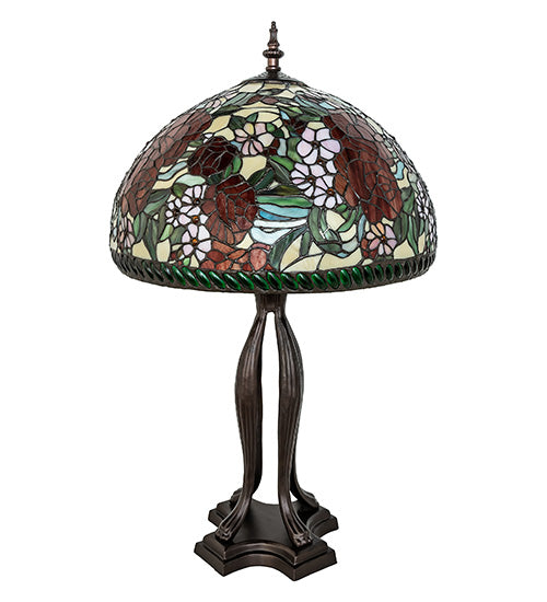 Meyda Lighting Romance Rose 33" 3-Light Mahogany Bronze Table Lamp With Multi-Colored Stained Shade Glass