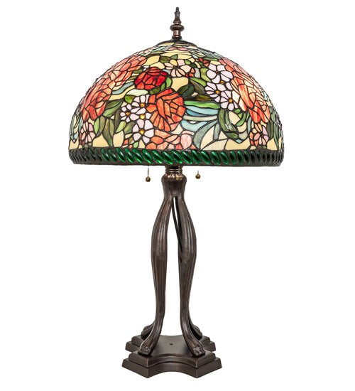 Meyda Lighting Romance Rose 33" 3-Light Mahogany Bronze Table Lamp With Multi-Colored Stained Shade Glass