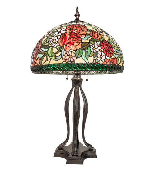 Meyda Lighting Romance Rose 33" 3-Light Mahogany Bronze Table Lamp With Multi-Colored Stained Shade Glass