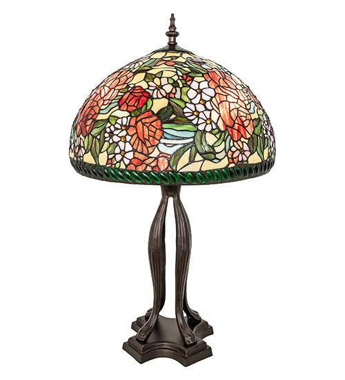 Meyda Lighting Romance Rose 33" 3-Light Mahogany Bronze Table Lamp With Multi-Colored Stained Shade Glass