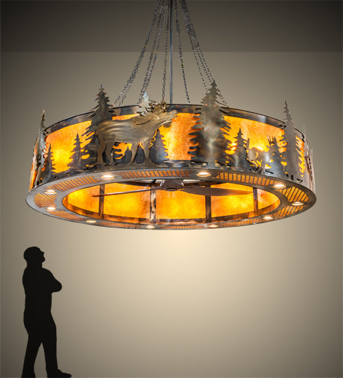 Meyda Lighting Roosevelt 115" 40-Light Dark Burnished Antique Copper "Big Ass" Chandelier With Amber Mica Shade Glass and Fan