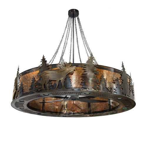 Meyda Lighting Roosevelt 115" 40-Light Dark Burnished Antique Copper "Big Ass" Chandelier With Amber Mica Shade Glass and Fan