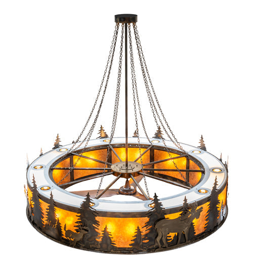 Meyda Lighting Roosevelt 115" 40-Light Dark Burnished Antique Copper "Big Ass" Chandelier With Amber Mica Shade Glass and Fan