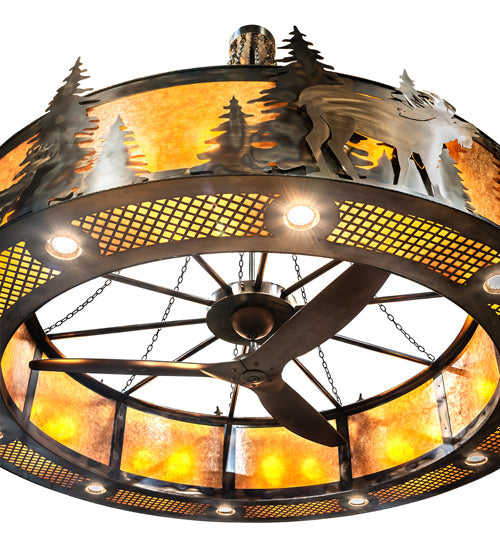 Meyda Lighting Roosevelt 115" 40-Light Dark Burnished Antique Copper "Big Ass" Chandelier With Amber Mica Shade Glass and Fan