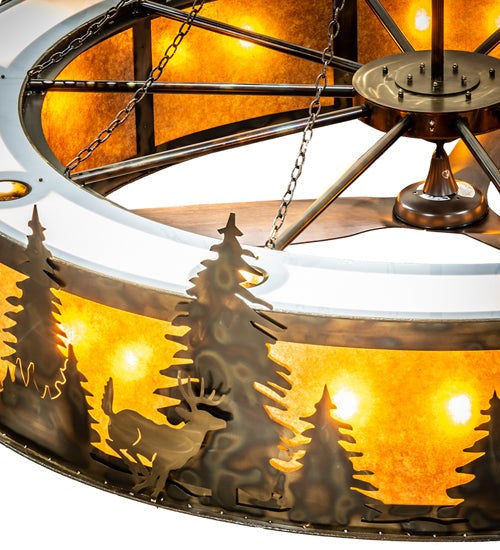 Meyda Lighting Roosevelt 115" 40-Light Dark Burnished Antique Copper "Big Ass" Chandelier With Amber Mica Shade Glass and Fan