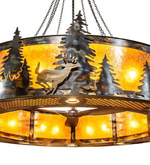 Meyda Lighting Roosevelt 115" 40-Light Dark Burnished Antique Copper "Big Ass" Chandelier With Amber Mica Shade Glass and Fan