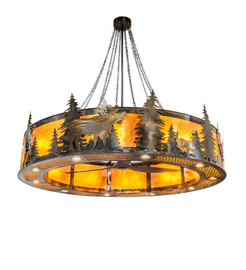 Meyda Lighting Roosevelt 115" 40-Light Dark Burnished Antique Copper "Big Ass" Chandelier With Amber Mica Shade Glass and Fan