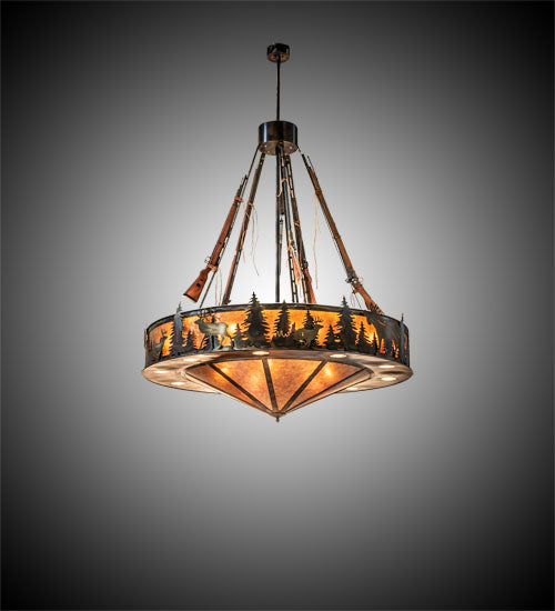 Meyda Lighting Roosevelt 77" 37-Light Dark Burnished Antique Copper Inverted Pendant Light With Amber Mica Shade Glass