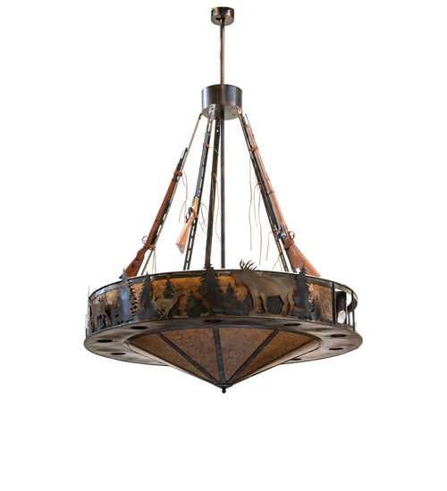 Meyda Lighting Roosevelt 77" 37-Light Dark Burnished Antique Copper Inverted Pendant Light With Amber Mica Shade Glass