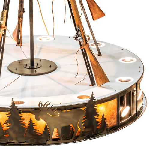 Meyda Lighting Roosevelt 77" 37-Light Dark Burnished Antique Copper Inverted Pendant Light With Amber Mica Shade Glass