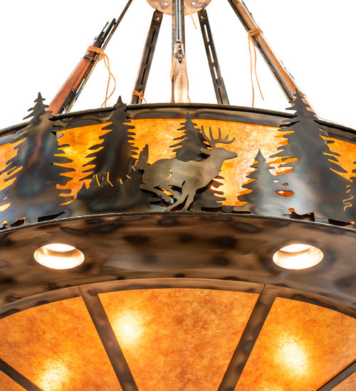 Meyda Lighting Roosevelt 77" 37-Light Dark Burnished Antique Copper Inverted Pendant Light With Amber Mica Shade Glass