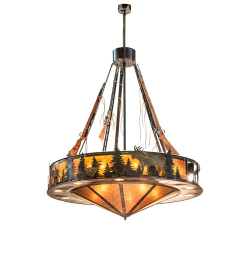 Meyda Lighting Roosevelt 77" 37-Light Dark Burnished Antique Copper Inverted Pendant Light With Amber Mica Shade Glass