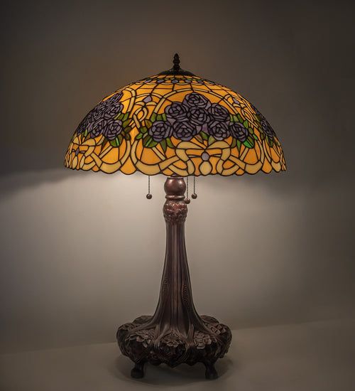 Meyda Lighting Rose Bouquet 31" 3-Light Mahogany Bronze Table Lamp With Multi-Colored Shade Glass