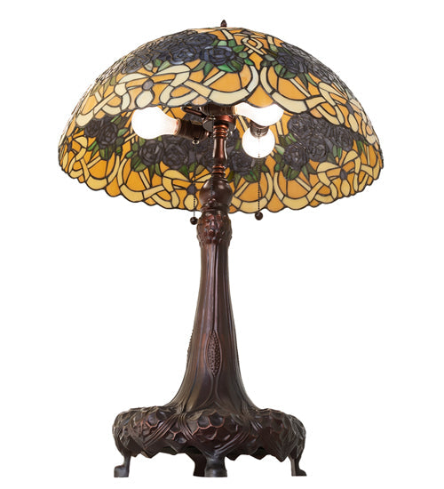 Meyda Lighting Rose Bouquet 31" 3-Light Mahogany Bronze Table Lamp With Multi-Colored Shade Glass