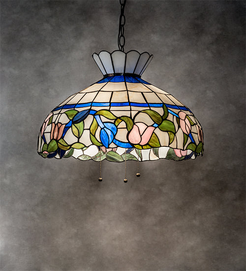 Meyda Lighting Rose Vine 20" 3-Light Mahogany Bronze Pendant Light With Multi-Colored Shade Glass