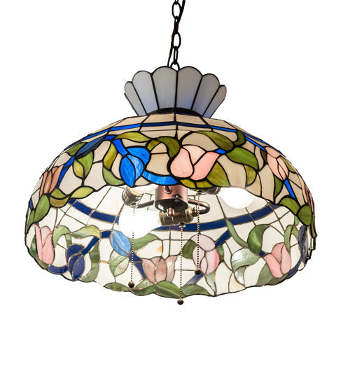 Meyda Lighting Rose Vine 20" 3-Light Mahogany Bronze Pendant Light With Multi-Colored Shade Glass