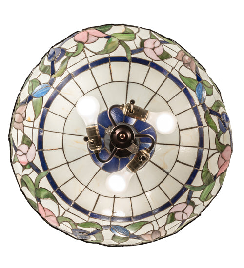 Meyda Lighting Rose Vine 20" 3-Light Mahogany Bronze Pendant Light With Multi-Colored Shade Glass