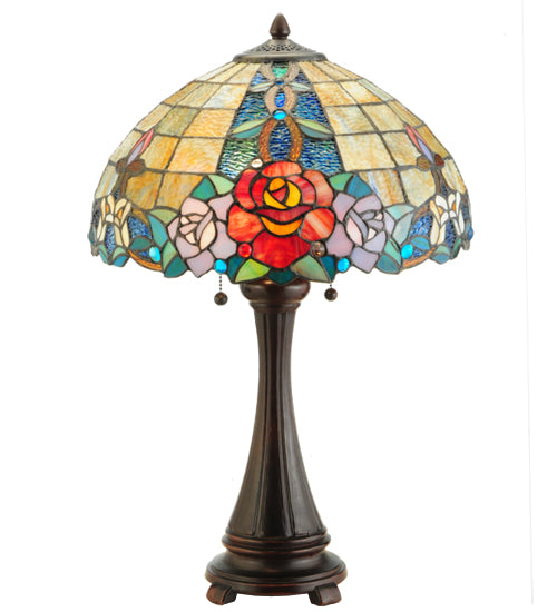 Meyda Lighting Rose Vine 25" 2-Light Mahogany Bronze Table Lamp With Multi-Colored Shade Glass