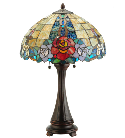 Meyda Lighting Rose Vine 25" 2-Light Mahogany Bronze Table Lamp With Multi-Colored Shade Glass