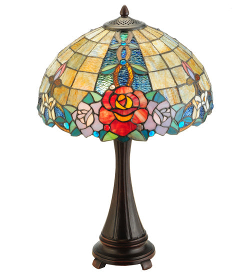 Meyda Lighting Rose Vine 25" 2-Light Mahogany Bronze Table Lamp With Multi-Colored Shade Glass