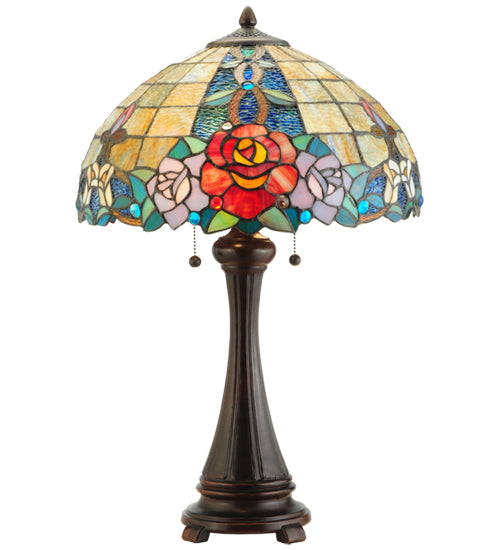Meyda Lighting Rose Vine 25" 2-Light Mahogany Bronze Table Lamp With Multi-Colored Shade Glass