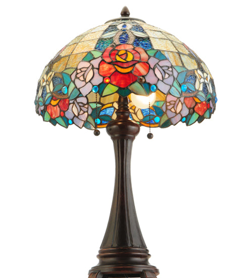 Meyda Lighting Rose Vine 25" 2-Light Mahogany Bronze Table Lamp With Multi-Colored Shade Glass