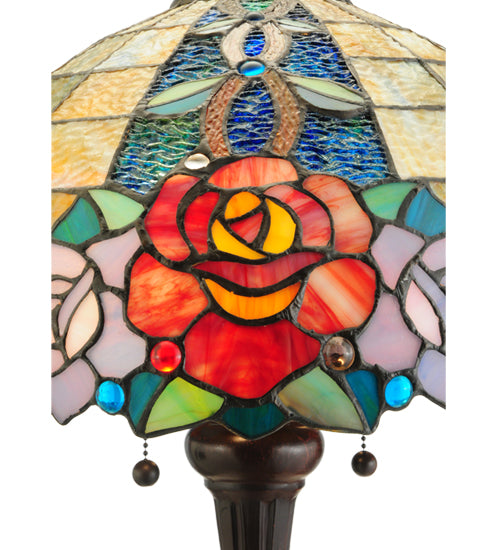 Meyda Lighting Rose Vine 25" 2-Light Mahogany Bronze Table Lamp With Multi-Colored Shade Glass