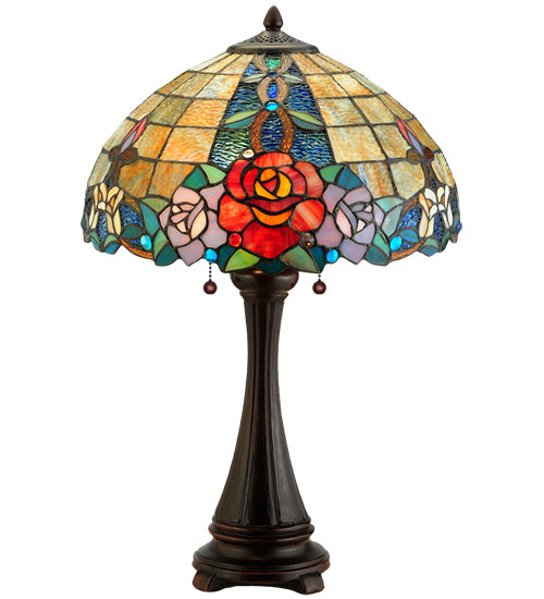 Meyda Lighting Rose Vine 25" 2-Light Mahogany Bronze Table Lamp With Multi-Colored Shade Glass