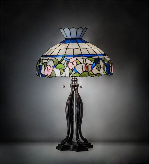 Meyda Lighting Rose Vine 31" 3-Light Mahogany Bronze Table Lamp With Multi-Colored Shade Glass