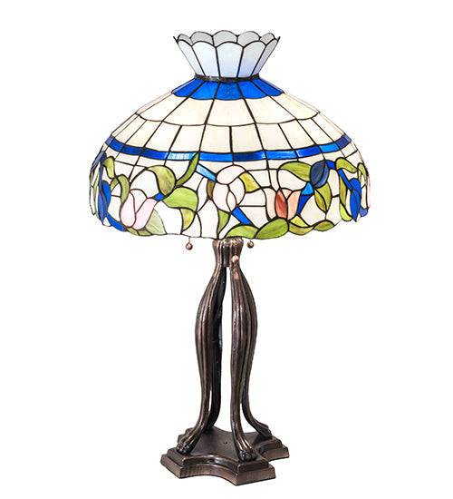 Meyda Lighting Rose Vine 31" 3-Light Mahogany Bronze Table Lamp With Multi-Colored Shade Glass