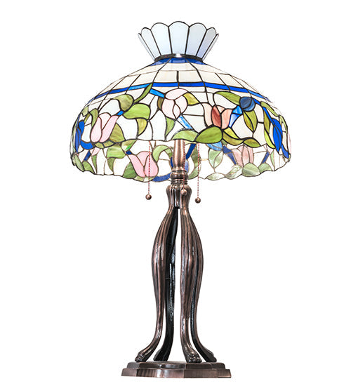 Meyda Lighting Rose Vine 31" 3-Light Mahogany Bronze Table Lamp With Multi-Colored Shade Glass