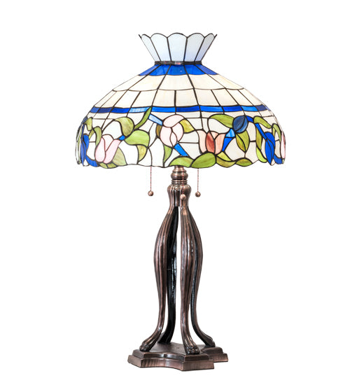Meyda Lighting Rose Vine 31" 3-Light Mahogany Bronze Table Lamp With Multi-Colored Shade Glass
