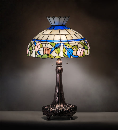 Meyda Lighting Rose Vine 33" 3-Light Mahogany Bronze Table Lamp With Multi-Colored Shade Glass