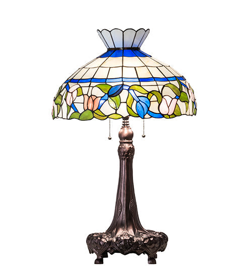 Meyda Lighting Rose Vine 33" 3-Light Mahogany Bronze Table Lamp With Multi-Colored Shade Glass